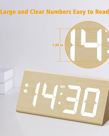 fomobest Wooden Digital Alarm Clock with Dual USB Charging Ports, DST, Dimmable, Snooze, Modern Large Time Display LED Clock for Kids Bedrooms, Living Room, Desk, Table, Bedside, Nightstand (Bamboo)