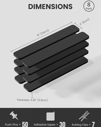 Fluxynara Cork Board Alternative Felt Strip Board 8-Pack 13"x2", Office Pin Board with 50 Push Pins, Adhesive Install for Bedroom Door & Home Office(Black)
