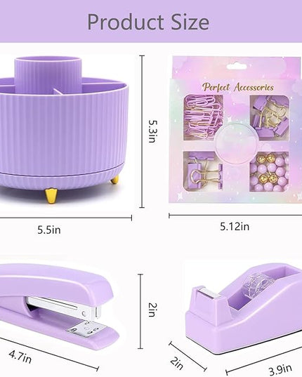 suniya Office Supplies,Desk Accessories,with Stapler,Tape Dispenser,Staple Remover,Scissor,Ballpoint Pen,Sticky Notes,Clear Tape,Staples,Desk Organizer,Ruler,Binder,Best Gift Set(Purple)