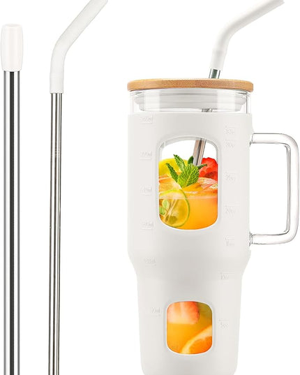 Glass Tumbler with Straw and Lid, 32 oz Glass Cup with Handle, Glass Water Bottles with Time Marker, Silicone Protective Sleeve - White