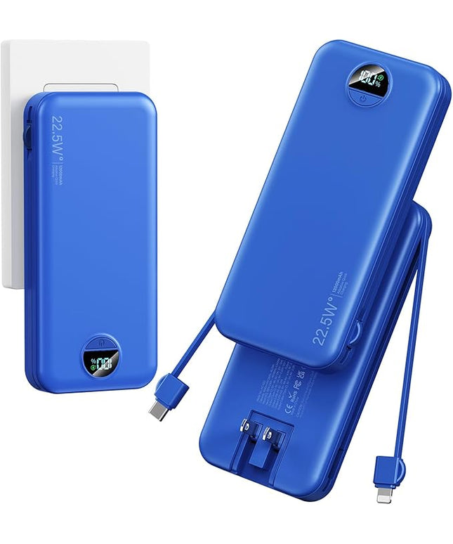 12000mAh Ultra-Portable-Charger-Power-Bank with Built in Cables&AC Wall Plug,PD20W USB-C Fast Charging Cell Phone Charger Battery Pack,LED Display Travel Battery Bank for All iPhone,Samsung,Android