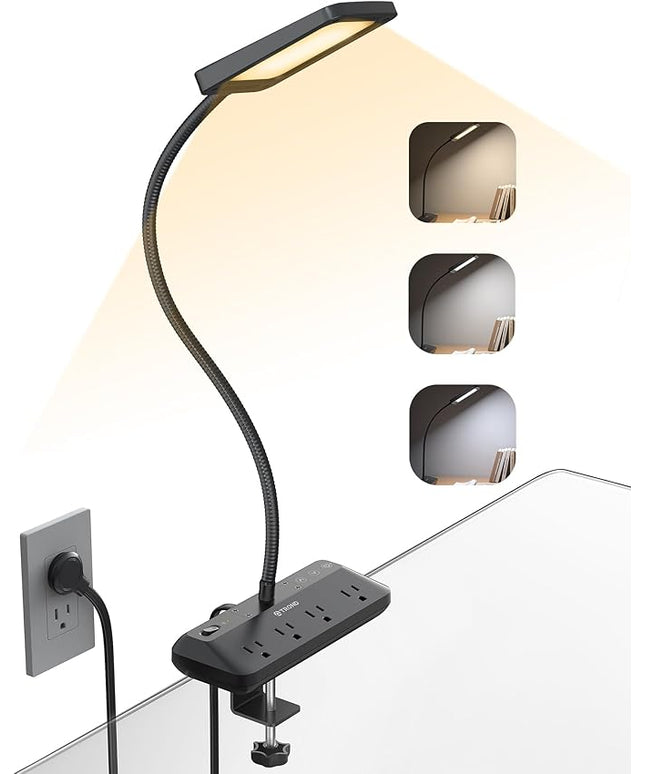 TROND LED Desk Lamp with Clamp Power Strip - Eye Caring Desk Light with 4 Surge Protector Outlet, 15 Lighting Mode, 6ft Flat Plug Extension Cord, Gooseneck for Home Office College Dorm Room Essentials