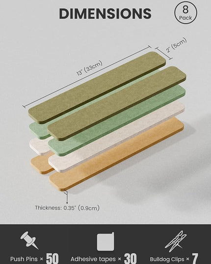 Cork Board Alternative Felt Strip Board 8-Pack 13"x2", Office Pin Board with 50 Push Pins, Adhesive Install for Bedroom Door & Home Office(Olive Grove)