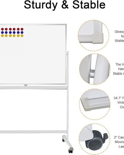 H-Qprobd Rolling Whiteboard with Stand 48"x36" Double-Sided Mobile Magnetic Dry Erase Board on Wheels for Home, Office & School