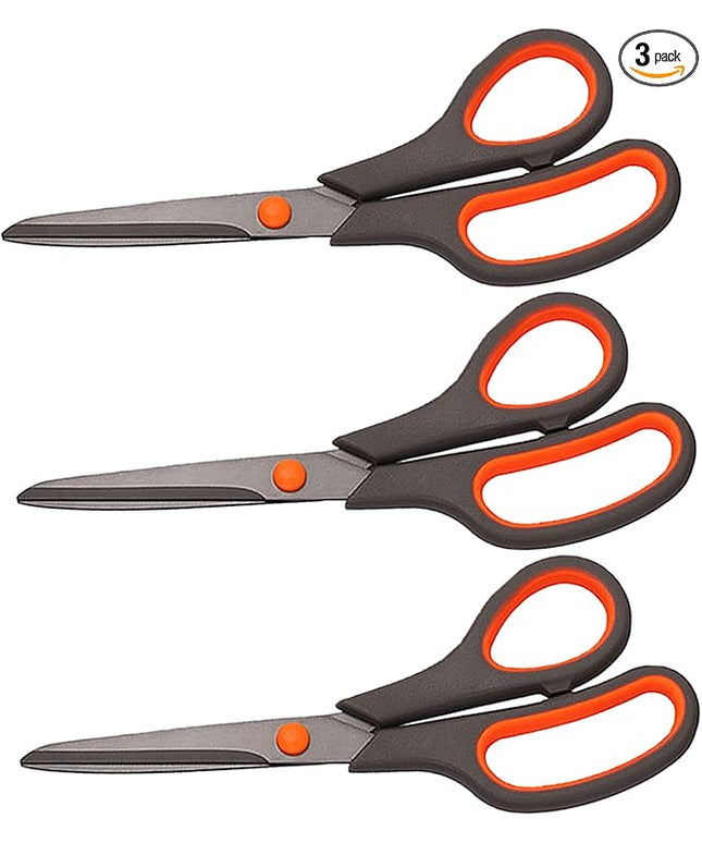 Scissors, Rkqoa 8" All Purpose Titanium Scissor Set of 3 Pack - 2.5mm Thick Sharp Scissors Bulk for Office School Sewing Craft Supplies, Classroom Must have, Teacher/Class Shears, Right/Left Handles