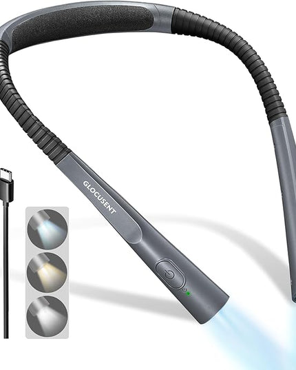 Glocusent Upgraded LED Neck Reading Light, Book Light for Reading in Bed, 30-min Timer, 3 Colors & 3 Brightness Adjustable, Rechargeable & Long Lasting, Perfect for Reading, Knitting