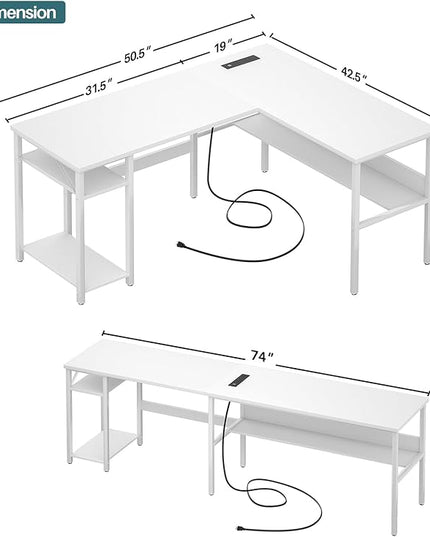 Unikito Reversible L Shaped Computer Desk with Magic Power Outlets and USB Charging Ports, Sturdy Corner Desk with Storage Shelves, Durable Work Desk for Home Office, Easy to Assemble, White