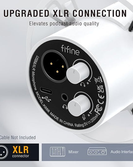 FIFINE Studio XLR Dynamic Microphone, USB PC Podcast Microphone for Streaming Recording, XLR/USB Vocal Mic with Tap-to-Mute, Gain Knob, Headphones Monitoring-Amplitank K688 White