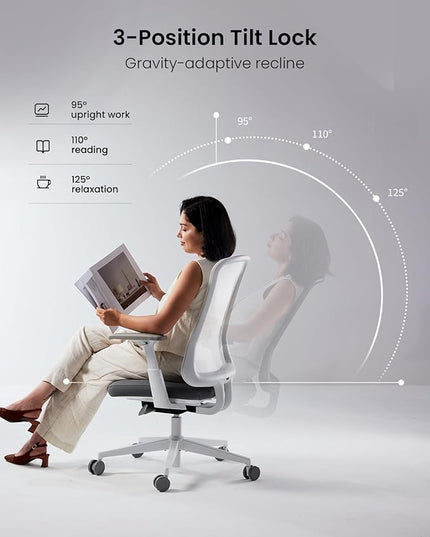 ProtoArc Ergonomic Office Chair - Flexer Desk Chair with Foam Cushion Sliding Seat, Advanced Airflow Mesh, Adjustable Armrest, Swivel Computer Chairs for Home Office - White