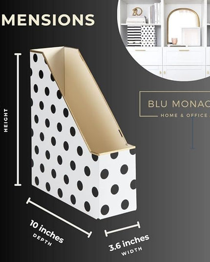 BLU MONACO Set of 4 Magazine File Boxes | 2 Black & White Stripes + 2 Polka Dots | Cardboard File Organizer Boxes for Desk, Office & Classroom Paper Storage – Foldable Magazine Holders