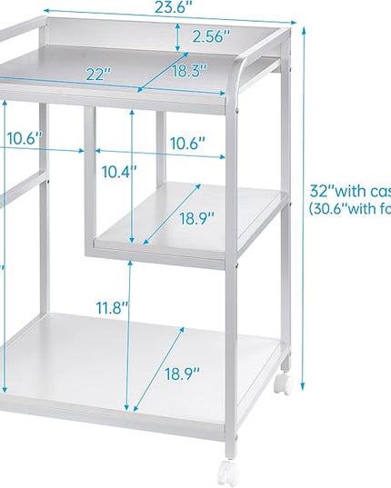 Large Printer Stand Table with Storage Shelf for Host Computer, PC Tower, CPU and Shredder, 3 Tier Rolling Printer Cart with Wheels for Home Office Storage and Organization - White