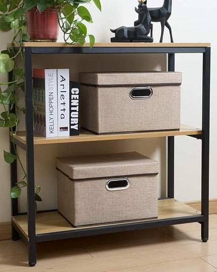 PRANDOM Collapsible Storage Cubes with Lids [1-Pack] Jute Fabric Foldable Storage Boxes Organizer Containers Baskets Bins with Cover for Home Bedroom Closet Office Nursery (14.9x9.8x9.8)