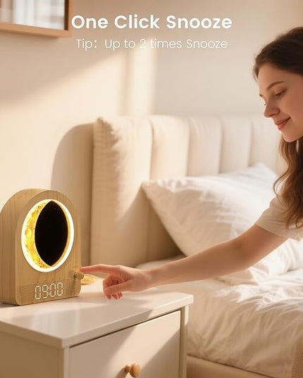 Sunrise Alarm Clock, White Noise Machine & Meteor Moonlight - 10 Soothing Sounds, Dual Alarms, 30/60/90min Timer, Easy Snooze - Bedroom Gift for Insomnia Adults/Women - Wood Grain