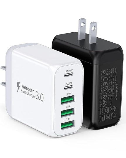 60W USB C Wall Charger Block, 2Pack 5-Port C Charger Fast Charging Block PD Power Adapter+QC 3.0 Multiport Type C Box Brick Cube USB A Wall Plug for iPhone 15/16/17 Pro Max Plus, iPad,Galaxy S24/S23
