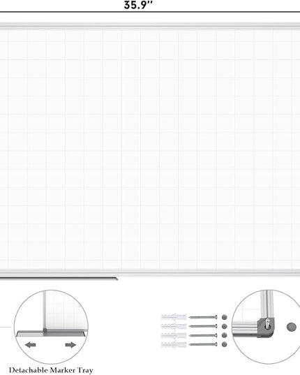JILoffice Magnetic Dry Erase Planning Board, Grid Pattern White Board 36 x 24 Inch, Silver Aluminum Frame with Detachable Marker Tray for Office School and Home