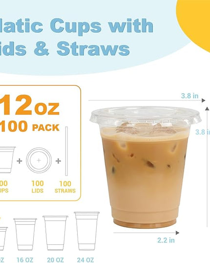 Coolcap 12 oz 100 Pack Disposable Clear Plastic Cups with Lids and Straws, Food Safe Bulk Iced Coffee Cups for Smoothies, Milkshakes and Other Cold Drinks