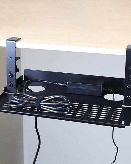AEONS Universal Under Desk Cable Management Tray-Clamp Mount Hinged Swing Modesty Panel Organizer for Office Desks, Easy Access Flip-Down Position Power Strip Cord Storage No-Drill, 25 lb Capacity