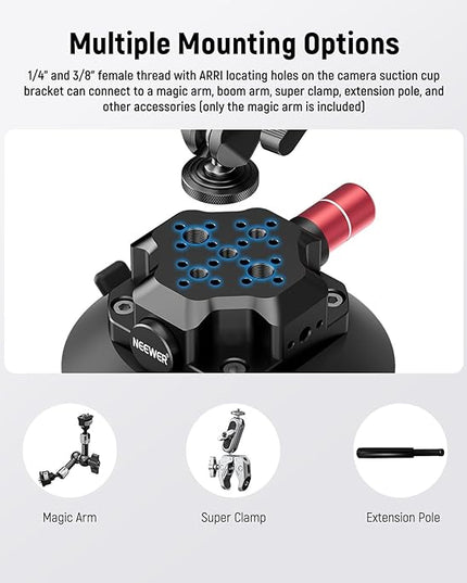NEEWER 4.5" Suction Cup Camera Mount with Ball Head Magic Arm, 1/4" 3/8" ARRI Holes, Quick Release Car Mount with Phone Holder & Action Cam Adapter Compatible with iPhone DJI Insta360, CA105