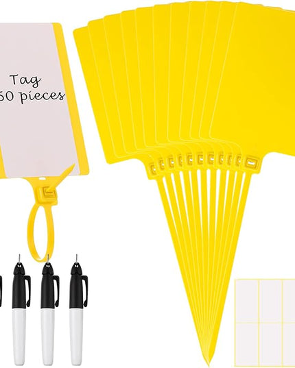 Pajean Waterproof Plastic Tags with Marker Pens and Sticker Labels, Self Locking Bag Writable Tags with Wire Cable Ties for Luggage(Yellow,50 Pieces)
