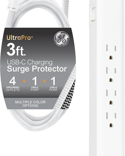 GE UltraPro 4 Outlet Surge Protector, USB-C Charging, 3 ft Designer Braided Cord, 1060 Joules, ETL Listed, White, 41354