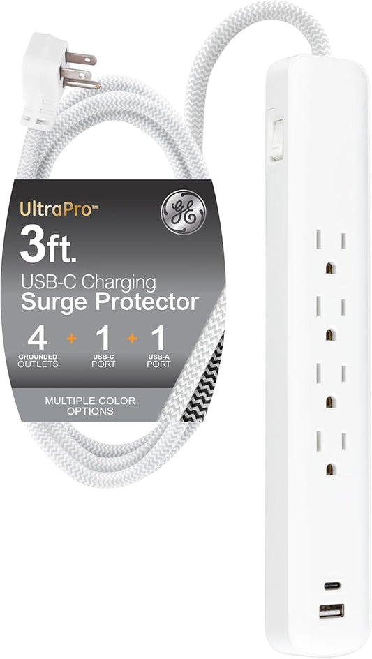 GE UltraPro 4 Outlet Surge Protector, USB-C Charging, 3 ft Designer Braided Cord, 1060 Joules, ETL Listed, White, 41354