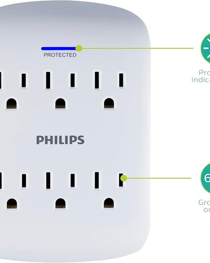 Philips 6-Outlet Extender Surge Protector, Wall Tap, 900 Joules, 3-Prong, Space Saving Design, Protection Indicator LED Light, ETL Listed, White, SPP3461WA/37