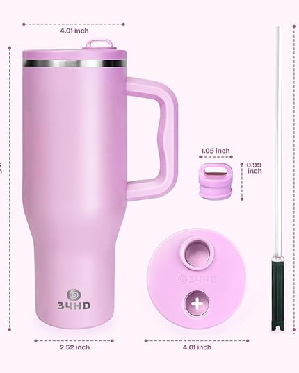 34HD 40 oz Stainless Steel Tumbler - Leakproof Insulated Water Bottle with Handle, Magnetic Lid and Flexible Straw - Iced for 48 Hours – Perfect for Men, Women, Birthday Gift, Pink - Blush Petal