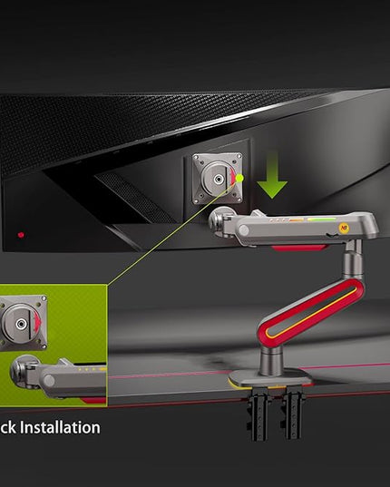 NB Designer Gaming Monitor Arm for 32 to 60 Inches Screen, Load up to 20 kg, VESA 75/100, RGB-Light, Heavy Duty, Multi Angle Adjustable, Premium Aluminum, Long Arm Extension Red