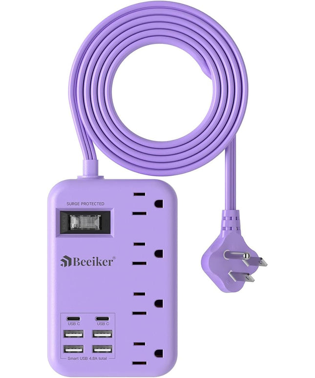 6 USB(2 USB C) Purple Travel Power Strip- 5Ft Lavender Extension Cord with 24W USB Charging Station and 4 Outlets, Purple Desk Accessories with Surge Protector for Cute Kawaii Office Dorm Room