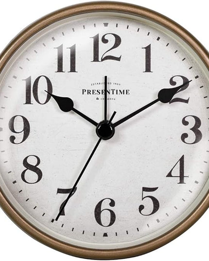 Presentime & Co 4" Vintage Tabletop Alarm Mantel Clock, Desk and Shelf Clock, Silent no Ticking, Rustic Grey Oak and Antique Gold Finish. Tabletop Décor, Home Décor, Farmhouse Décor.