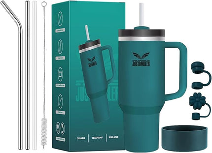 40 Oz Insulated Tumbler with Handle and Straw, Stainless Steel Coffee Travel Mug with Lid, Leak Proof Water Bottle with Accessories, Blue Spruce