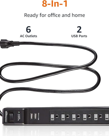 Amazon Basics Surge Protector Power Strip with 6 Outlets,2 USB Ports,1000 Joule,6-Foot Cord Length,Black,(Pack of 6)