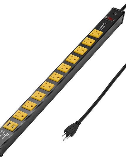 Maxxima 10 Outlet Heavy Duty Power Strip with USB Type-C/A Charging Ports, Surge Protected, 15A, Features Red On/Off Switch, 6 ft. Extension Cord, Bracket & Screws Included, Garage, Shop, Home