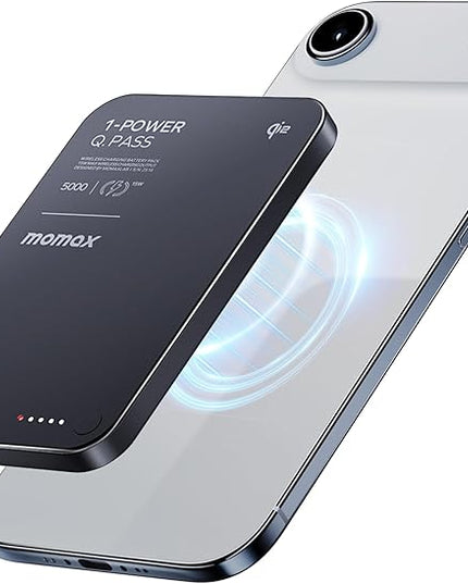 MOMAX Q.Pass Magnetic Power Bank, 5000mAh Slim Portable Charger Qi2 Certified 15W Ultra-Fast Charging Battery Pack for iPhone Air/17 Pro Max/17 Pro/16/15/14/13/12 (No Lighting)