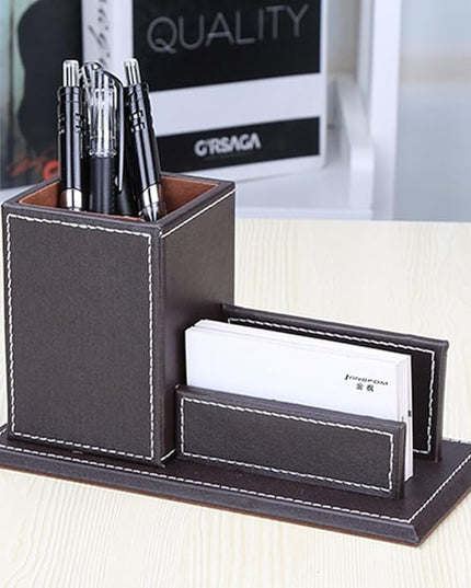 KINGFOM PU Leather Desk Organizer and Accessories, Pencil Holder for Desk with Business Cards Stand, School Office Supplies Collection Caddy Brown