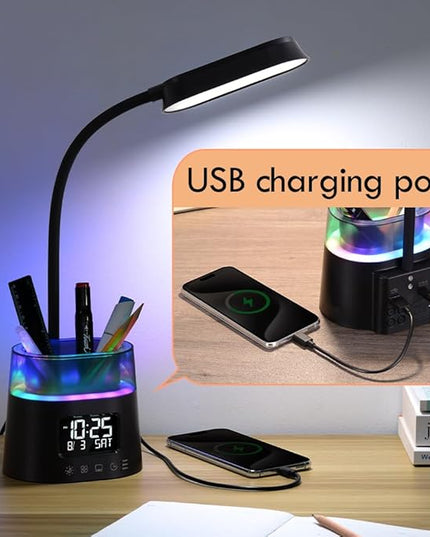 WILIT LED Kids Desk Lamp, Dimmable Study Lamp for Home Office Desk Accessories, with Pen Holder & Clock, USB Charging, RGB Night Light, Bedroom & College Dorm Room Essentials for Girls - Black