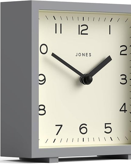JONES CLOCKS® Disco Desk Clock | Sleek Square Design | Gray | Stylish and Easy to Read for Shelf, Table, Mantel or Bedside