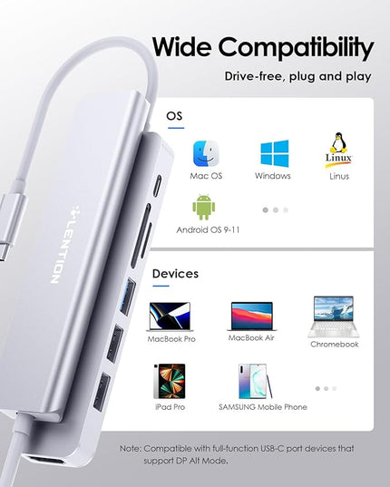 LENTION USB C Hub with 100W Charging, 4K HDMI, Dual Card Reader, USB 3.0 & 2.0 Compatible MacBook Pro, New Mac Air/Surface, Chromebook, More, Stable Driver Adapter (CB-CE18, Silver)