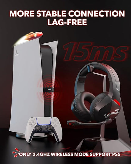 BINNUNE 2.4GHz Wireless Gaming Headset for PS5 PC PS4 Switch, 120H Ultra-Long Battery, Bluetooth 5.3 Over Ear Headphones with Noise Canceling Mic, 50mm Drivers, Comfort Wireless Headphones, Black