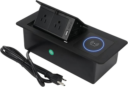 Pop Up Outlet with 15W Wireless Charger, Power Strip with 2 AC Outlets, USB A and USB C Charging Ports Recessed Multimedia Strip Socket Hidden Table Connection Box with Outlet (Black-F-Wireless)