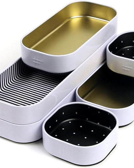 Three by Three Seattle 6 Piece Shallow Metal Organizer Tray Set for Storing Makeup, Stationery, Utensils, and More in Office Desk, Kitchen and Bathroom Drawers (1 Inch, Gold Dots and Stripes)