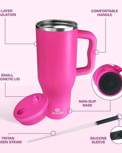34HD 40 oz Stainless Steel Tumbler - Leakproof Insulated Water Bottle with Handle, Magnetic Lid and Flexible Straw - Iced for 48 Hours – Perfect for Men, Women, Birthday Gift, Pink - Hot Pink
