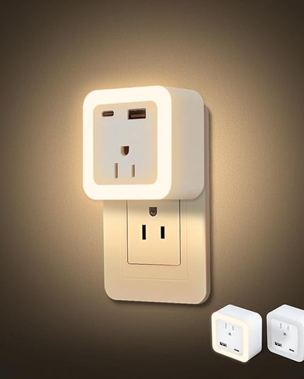 JackonLux Night Lights Plug Into Wall 2 Pack Rechargeable Battery Backup Light Dusk to Dawn Sensor Night Light with Outlet Expander for Adults Kids Bedroom, Kitchen, and Bathroom (Soft White - 3000K)