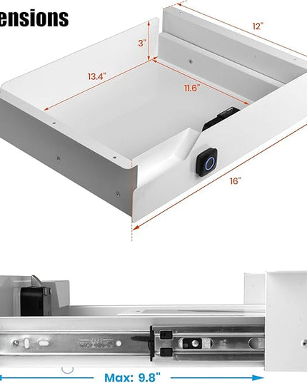 Lumil Under Desk Drawer with Lock, 16 inch Under Desk Storage Drawer, Under Desk Mounted Pull Out Drawer with Biometric Lock