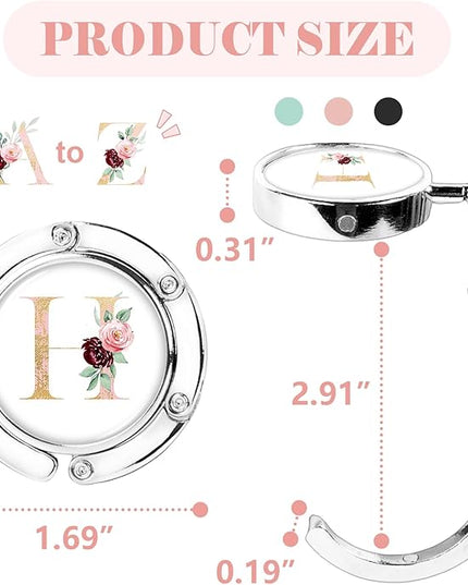 Iqimott 3pcs Personalized Initial Foldable Purse Hook for Table, Flower Letter Folding Handbag Hanger Portable Magnet Table Hook Holder, Collection Desk Purse Hooks for Women Bag (Pink-H)