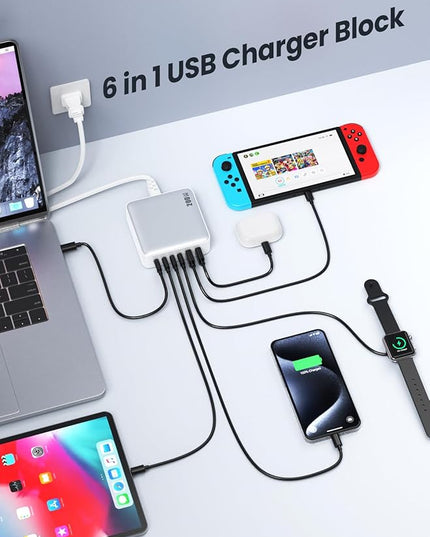 USB C Charger Block 200W[2025 Upgraded] GaN III 6 Port Fast Charging Station Hub,PD 65W USB C Laptop Charger Compatible with MacBook Pro/Air,iPad,iPhone 16/15,Galaxy S23/S24 Steam Deck Dell XPS etc