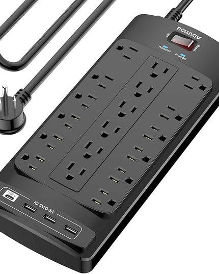 18 Outlets Surge Protector Power Strip - 10 Feet Flat Plug Heavy Duty Extension Cord with 18 Widely Outlets and 4 USB Ports, 2100 Joules, Black, ETL Listed