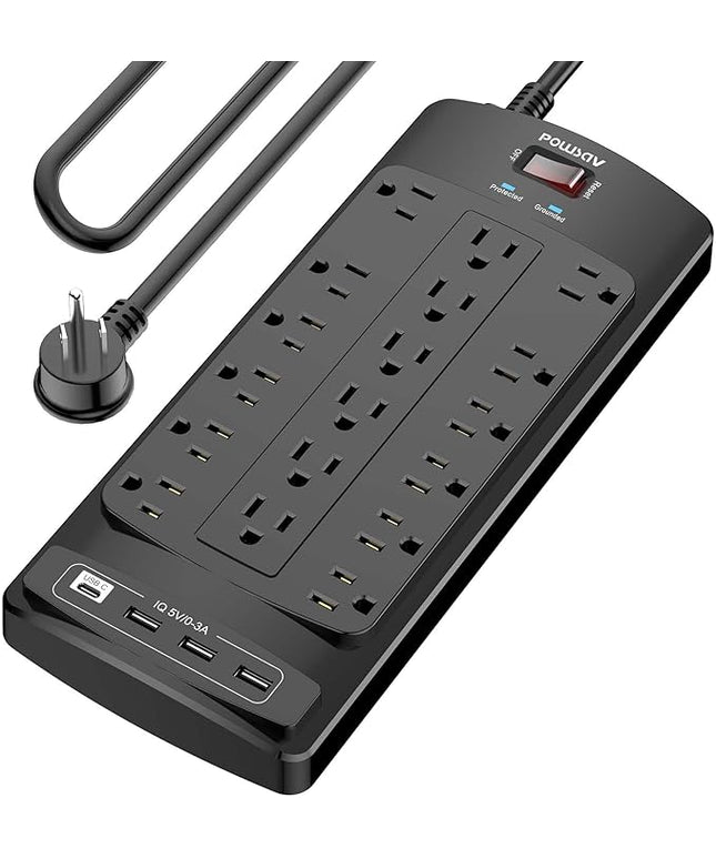 18 Outlets Surge Protector Power Strip - 10 Feet Flat Plug Heavy Duty Extension Cord with 18 Widely Outlets and 4 USB Ports, 2100 Joules, Black, ETL Listed