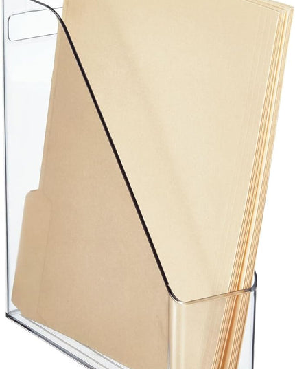 mDesign Plastic Slim Vertical File Folder Storage Organizer Bin with Handle - Hold Notebooks, Binders, Envelopes, Magazines for Home Office, Work Desktops, Ligne Collection, Clear