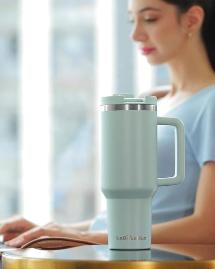 40oz Tumbler with Handle,Double Wall Vacuum Reusable Stainless Steel Insulated Water Bottle,With Leak Proof lid and Straw for Iced or Cold Beverages (Blue Haze)